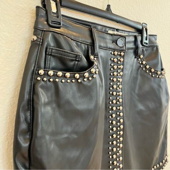 Black Studded Faux Leather Mini Skirt Asymmetrical Hem Rock Chic Y2K Staple - Picture 3 of 16